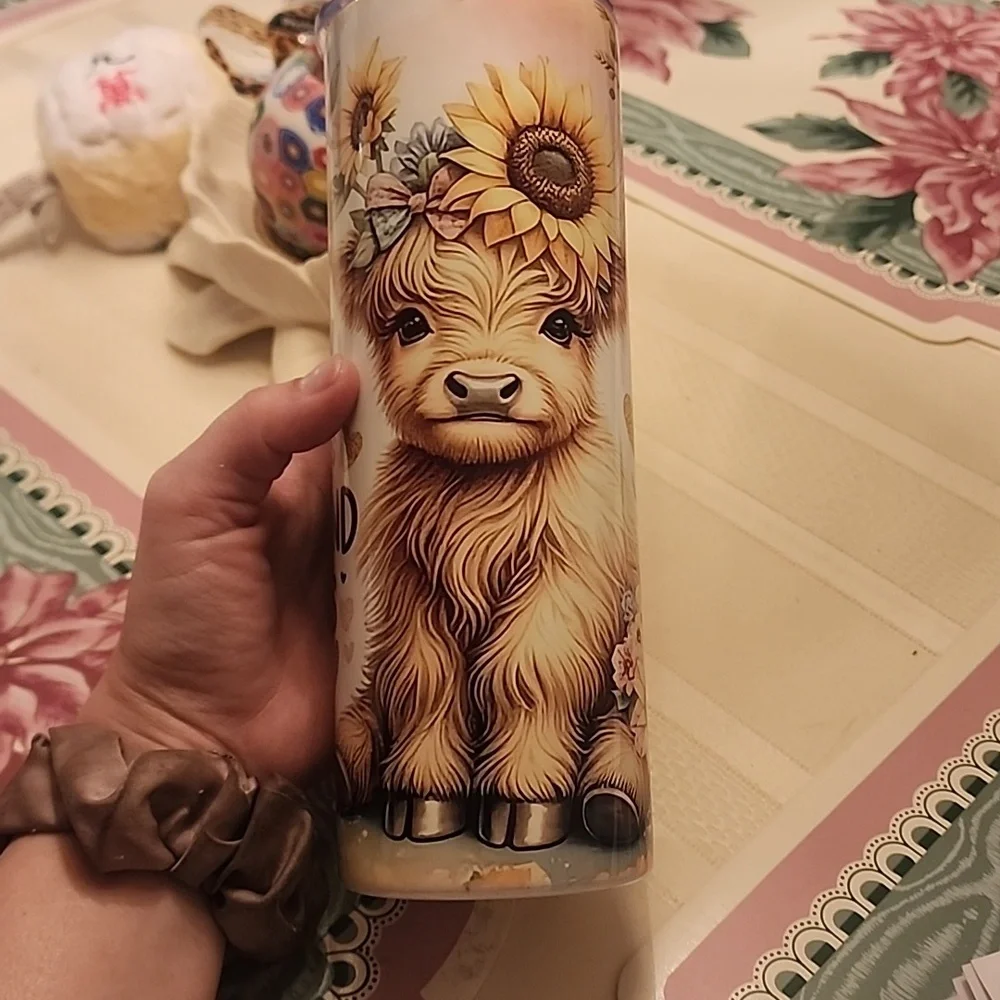 Sunflowers And Highland Cow Tumbler 20oz Stainless Steel, Wash By Hand Only